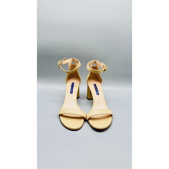 Stuart Weitzman Sandals Womens 7.5 Beige Leather Block Heel Nudist 75 Shoes - Picture 3 of 12